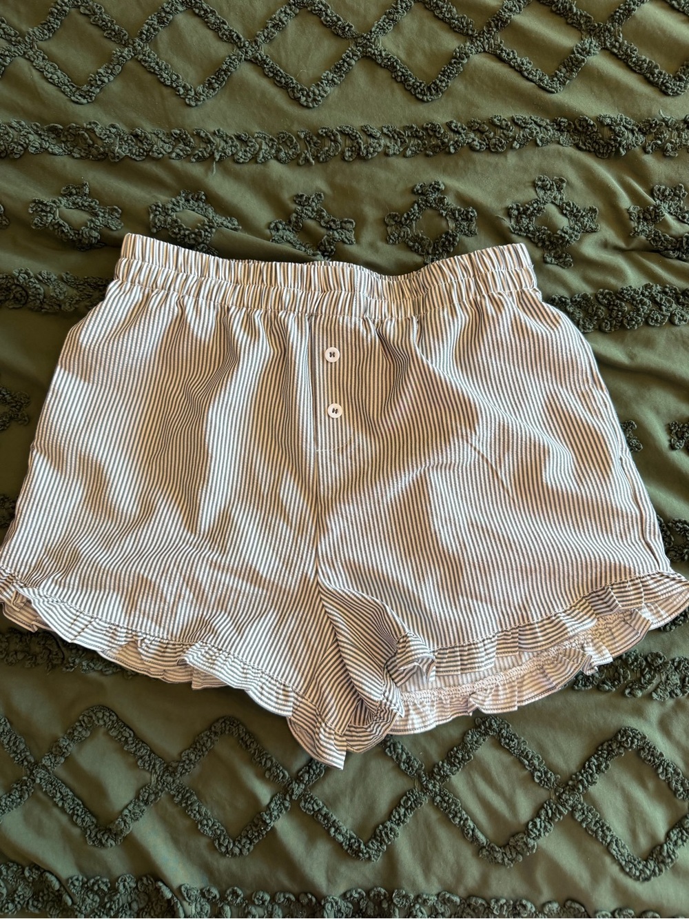 Striped Ruffle Hem Sleep Shorts - White and Navy